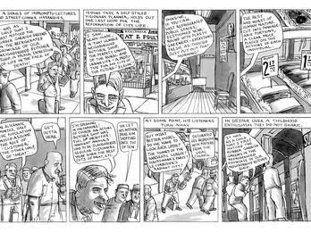 Garnish Greens Comic separated into 8 panels featuring man on street corner giving lecture about butcher shops and iniquity to passers-by.