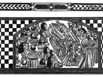 Rosh Hashanah and Yom Kippur Drawing of crowd of people, with two figures holding Torah scrolls in the center, all surrounded by a checkered border.