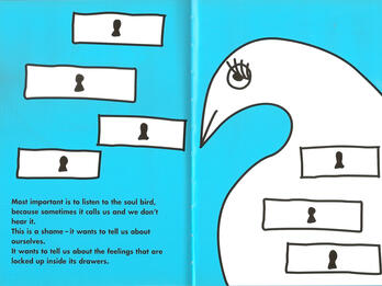 The Soul Bird Image of bird surrounded by rectangular boxes and English text on bottom left of page describing the soul bird.