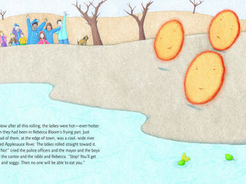 The Runaway Latkes Drawing of people on a hill waving their arms as two round objects roll away smiling and English text along the bottom about latkes rolling toward the river.