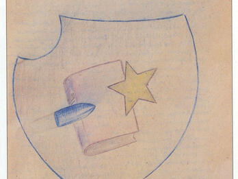 Fireflies in the Dark: The Story of Friedl Dicker-Brandeis and the Children of Terezin Drawing of a shield with a book, a bullet, and a star over it, and the title "Vedem" across the top.