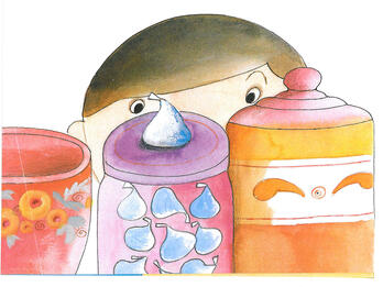 Painting of a face peering out behind three jars. 