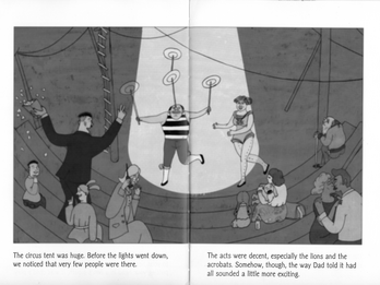 Dad Runs Away with the Circus Drawing of figure in center balancing plates on sticks, as several people watch from benches.