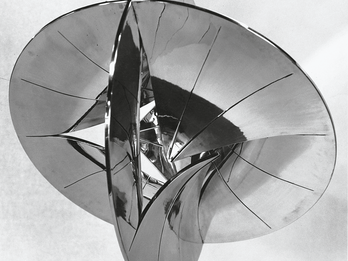 Cabbalistic Sphere Spherical polished aluminum sculpture resembling two intersecting discs.