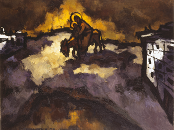 Flight into Egypt Abstract painting of two figures with halos riding a donkey with a building on either side.