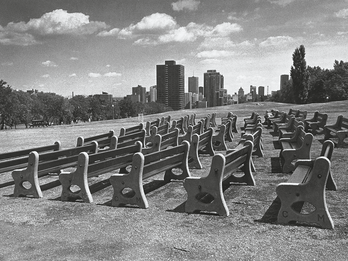 Benches, Royal Park, Montreal, Canada Photograph depicting rows of empty benches in a park with a cityscape in the background.