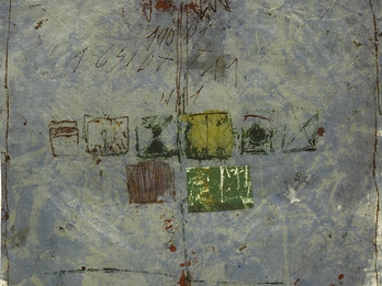 Abstract painting with nine squares in the center. 