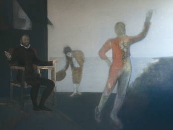 The Voyage I, Departure and The Voyage II, Diaspora (diptych) Painting depicting costumed figure raising left hand in the right foreground, who is watched by a seated person in shadow to the left, while a figure in background bows with hat in hand; painting of two figures running away from viewer followed by a figure with head bowed, and another figure facing viewer holding a basket, with a ship in the background.