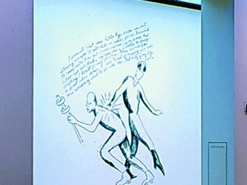 Hitler Dream Installation view of large wall drawing depicting styized figure of man in uniform hitting another man wearing roller skates and holding a staff, and English text above the figures.