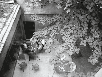 Courtyard of Sarajevo Synagogue Aerial photograph of courtyard with large tree featuring people seated at tables socializing.