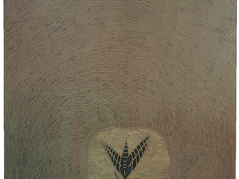 Painting featuring moth inside a circle at the bottom of canvas.