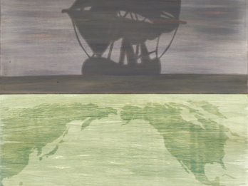 Ship/Map (No. 1) Painting on wood of antique sailing vessel on top and world map on bottom.