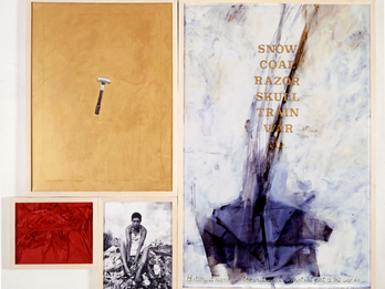 Razor Four canvases of varying sizes with a razor on canvas on top left, English text and shadowy object on right, red fabric on middle left, and photograph of a seated woman on bottom left.