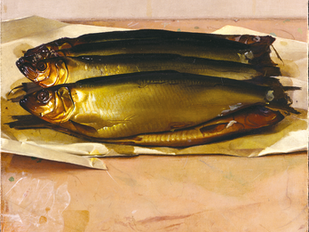 Seven Smoked Fish on a Grinding Slab Painting of four fish on paper on a table.