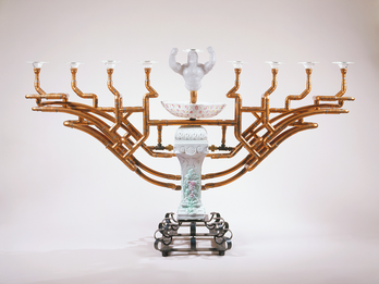 Hanukkah Lamp. Unorthodox Menorah II Ceramic menorah with eight copper branches and torso sculpture for center candle.