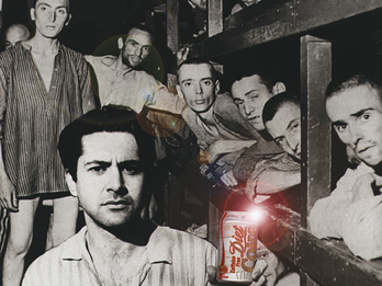 Self-Portrait at Buchenwald: It’s the Real Thing Photograph of men standing and sitting in bunks wearing striped shirts and looking at camera. The one closest to the camera holds a Diet Coke.