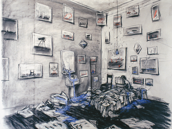 Drawing for the Film “Felix in Exile” Drawing of bedroom with messy bed and many framed images on walls.