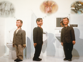 Café of the Inner Mind: Men’s Room Three dolls in a bathroom with thought bubbles above their heads with images of multiple perspectives of the human buttocks.