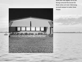 Florida Family Portrait Photograph featuring lawn and awning over windows of house transposed over ocean; photograph of family with palm trees in background.