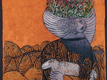 Shepherd with Lamb Abstract painting featuring shepherd with head turned up and planter overlaid on his face, holding lamb with mountains in background.