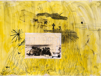 Group of Soldiers Mixed media on canvas featuring a photograph of soldiers surrounded by abstract drawing.