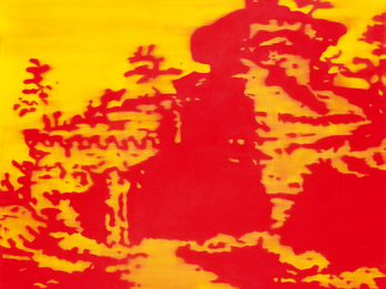 Ruin (Red-Yellow) Out-of-focus painting of a ruin surrounded by trees.