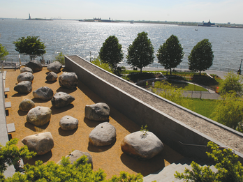 Garden of Stones, Museum of Jewish Heritage, New York, New York Aerial photograph of rock garden next to a building overlooking the sea.