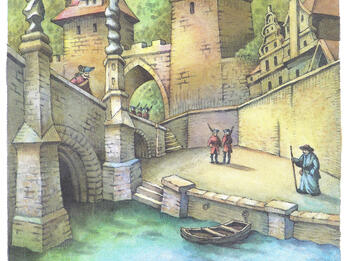Painting of city street with bridge over river in foreground and several figures on the far side of the bridge. 