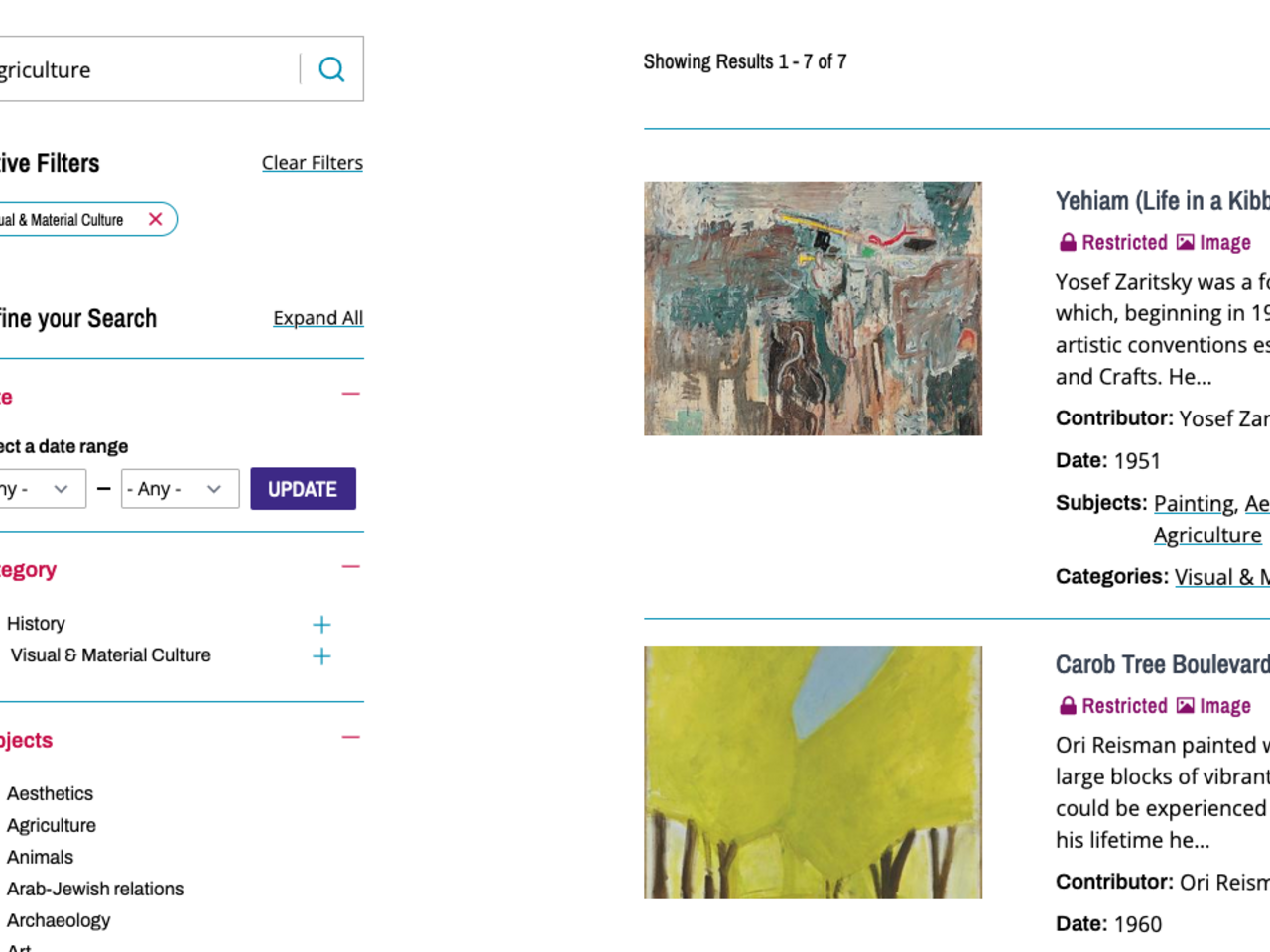 Screenshot 2024-02-16 at 11.13.31 AM.png Screen shot of search page with results for "agriculture" in visual and material culture.