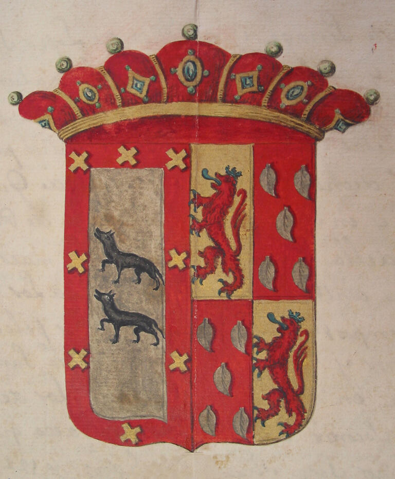 Drawing of coat of arms of two lions and ten leaves on the right and two dog-like animals on left.