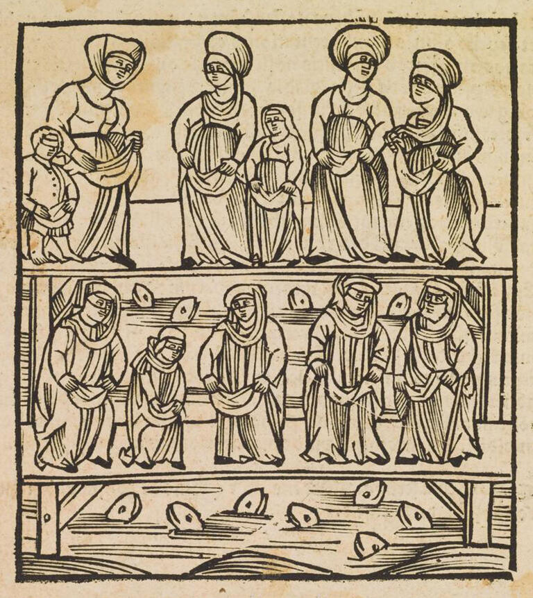 Print image of two rows of people in front of river with fish in it.