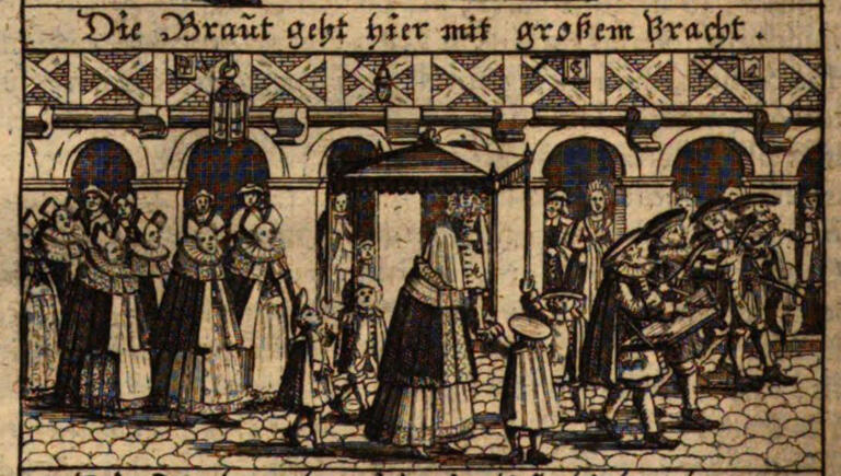 Print engraving of people outdoors around wedding canopy, outside of building.