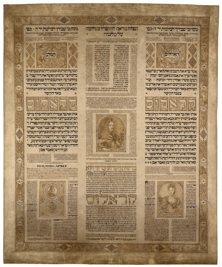 Printed page with three columns of Hebrew, German in Hebrew characters, Latin, and Aramaic text in various fonts and sizes, interspersed with small portraits of a man and a woman, and surrounded by decorative border. 