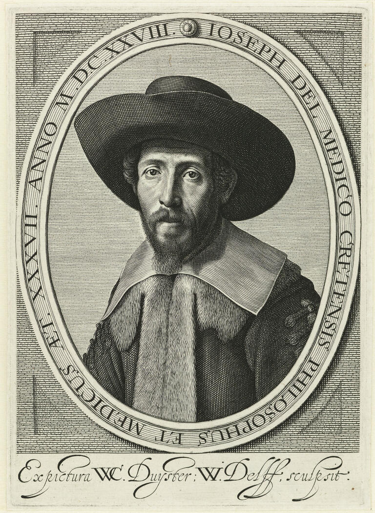 Print portrait of man wearing hat, framed by Latin text.