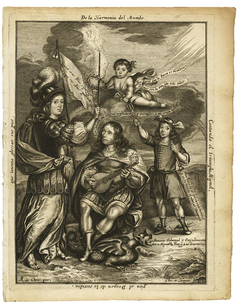 Print portrait of seated figure with a dragon under his feet and an angel above him, next to an armed figure standing and holding a flag, and a boy pointing to the angel, with Spanish text around the edge and in several places in the scene. 