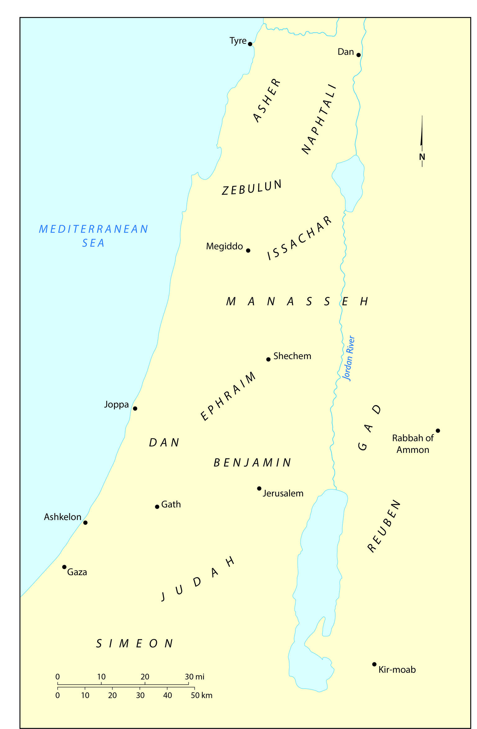 Map of twelve tribes of Israel with English name labels. 