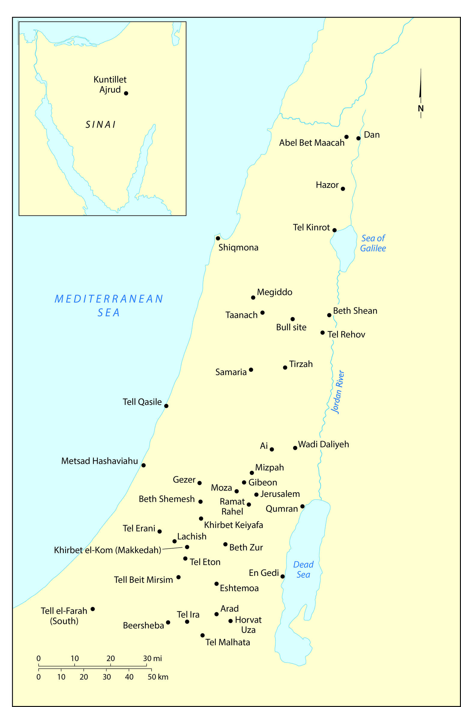 Map of Middle East with areas of interest marked with black dot and labeled in English; map of the Sinai peninsula with Kuntillet Ajrud denoted in inset.  