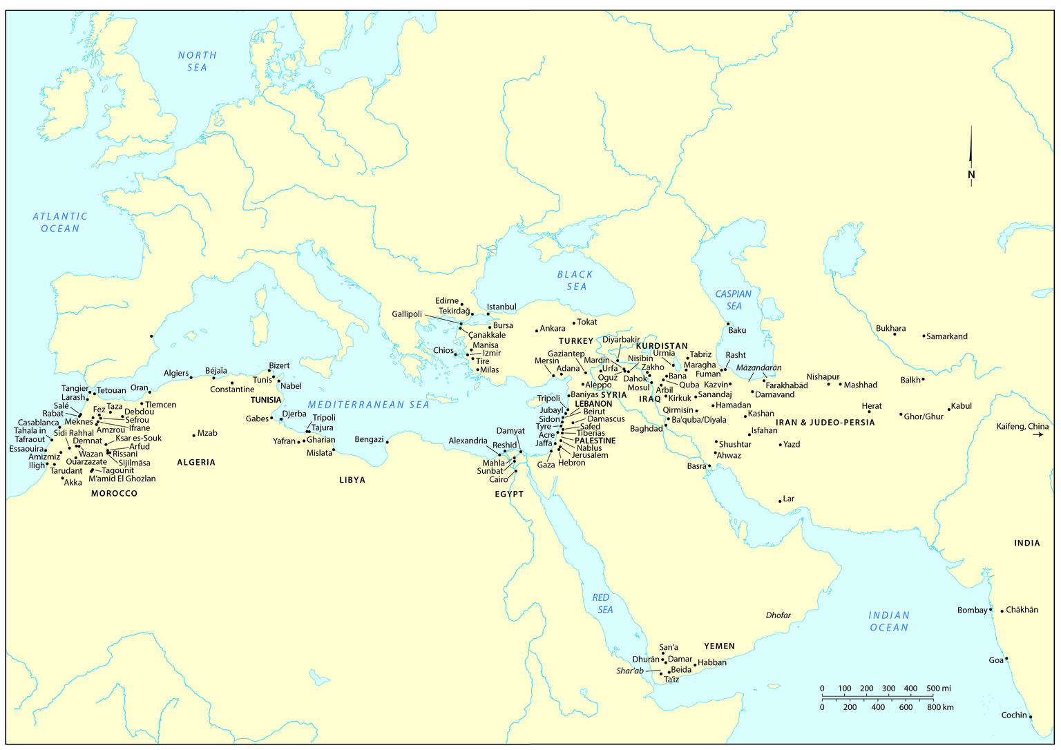 Map of the Near East with cities and countries labeled. 
