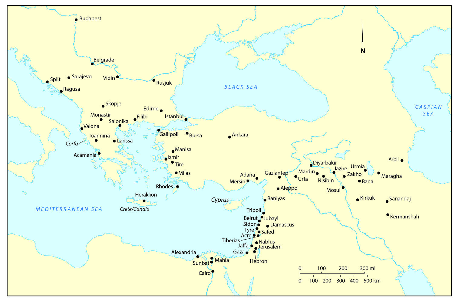 Map of the Eastern Mediterranean with cities and seas labeled. 