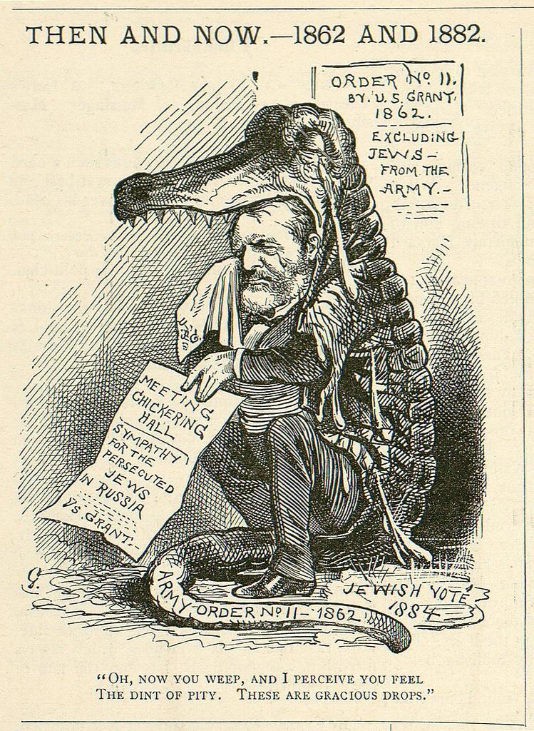 A cartoon depiction of a bearded gentleman wearing a crocodile costume and crying into a handkerchief while holding a piece of paper with English writing, with a heading above as well as text behind him and at the bottom.