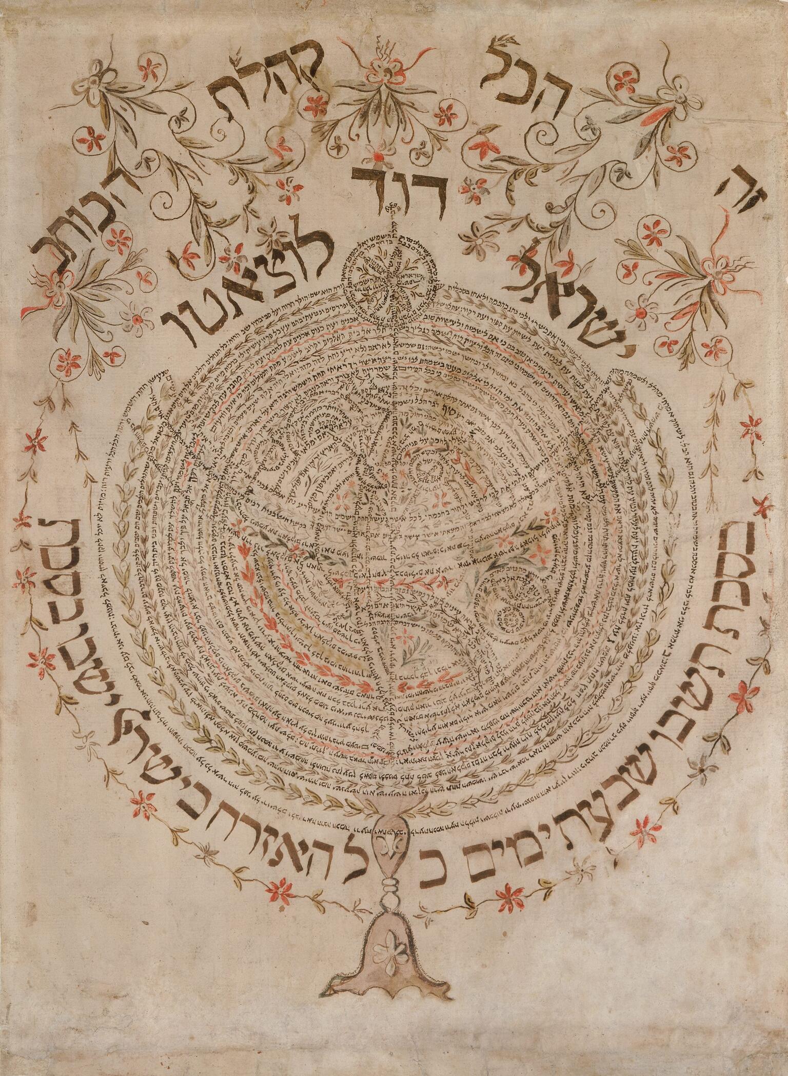 Paper with Hebrew text in the shape of an astrolabe. 
