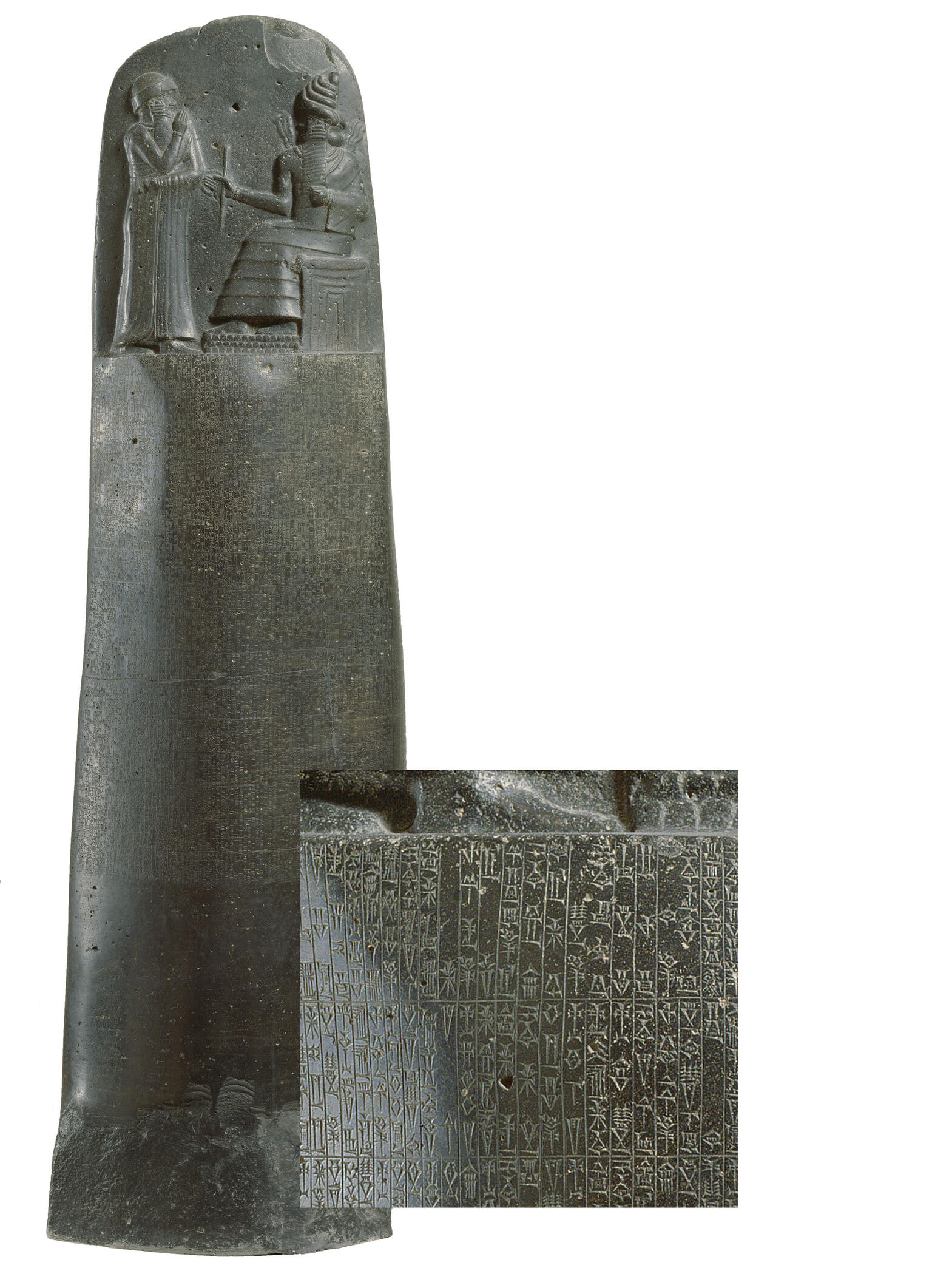 Basalt stela inscribed with Akkadian writing and figure on throne next to standing figure. Inset shows close-up of Akkadian writing.