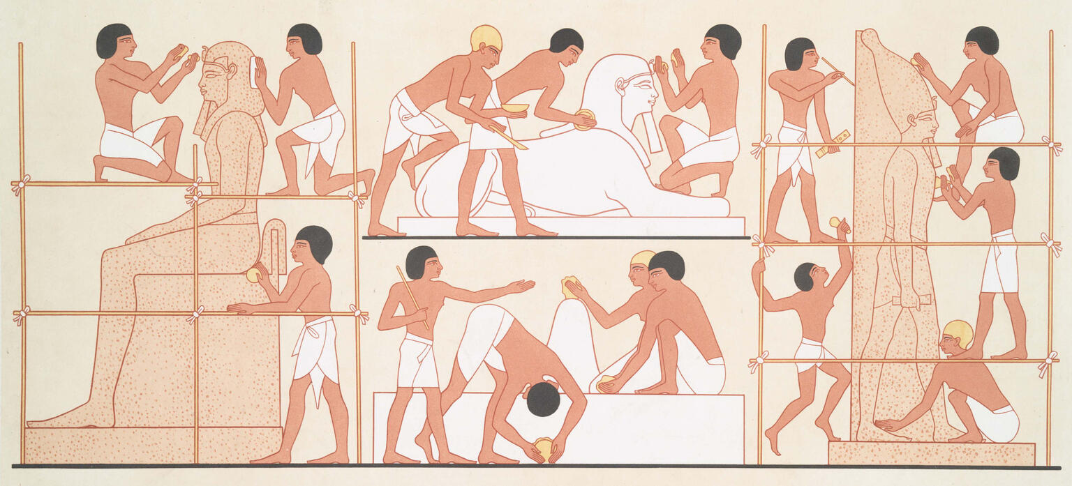 Drawing of figures creating large sculptures of men and sphinx. 