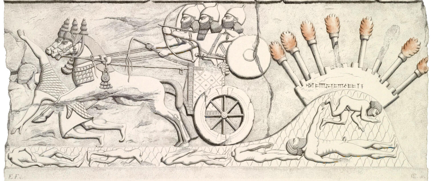 Drawing of relief of men in chariot trampling other figures. Drawing of relief of men in chariot trampling other figures.