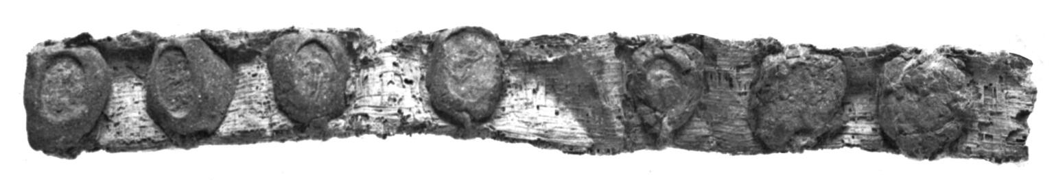 Strip of papyrus with circular seals. Strip of papyrus with circular seals.