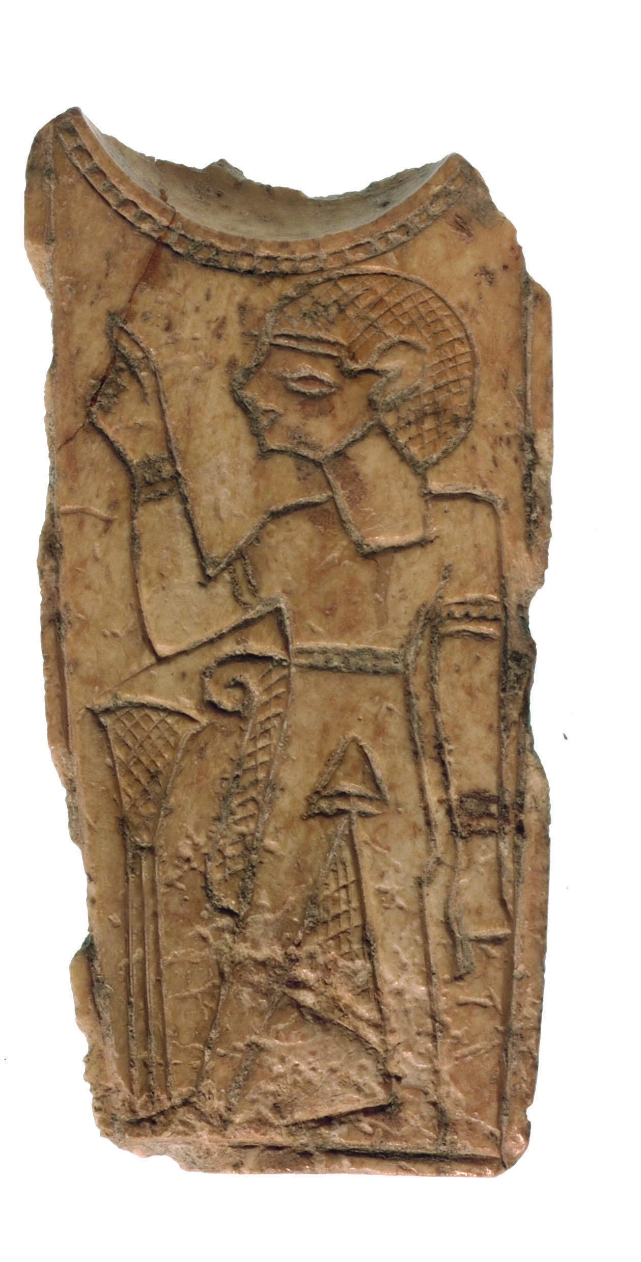 Ivory or bone spoon handle and portion of spoon bowl depicting a person wearing headdress and clothing with one arm raised, and lotus blossom to left of figure.