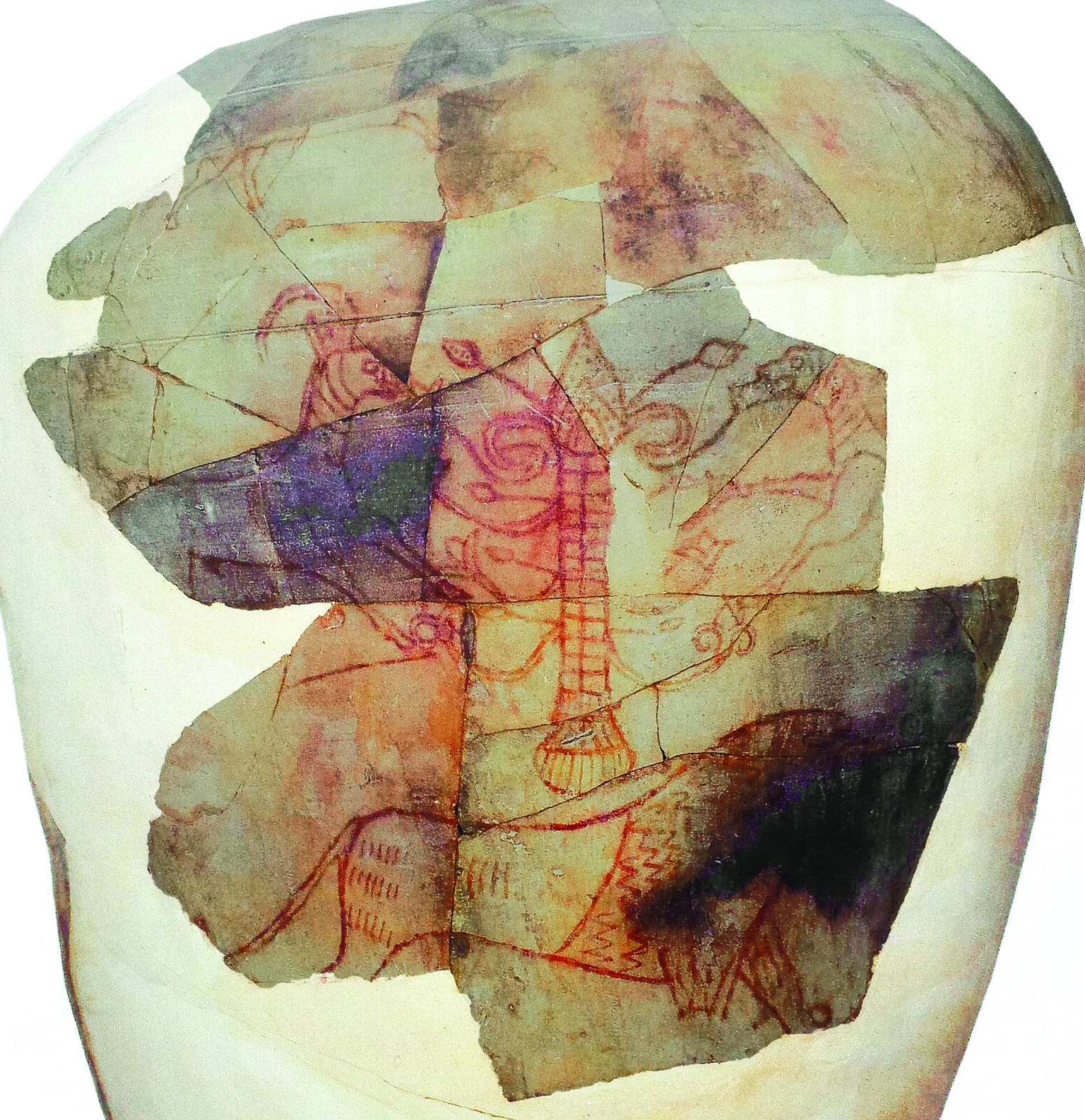 Partially reconstructed storage jar with painting of lion and two ibexes eating flora of a tree.
