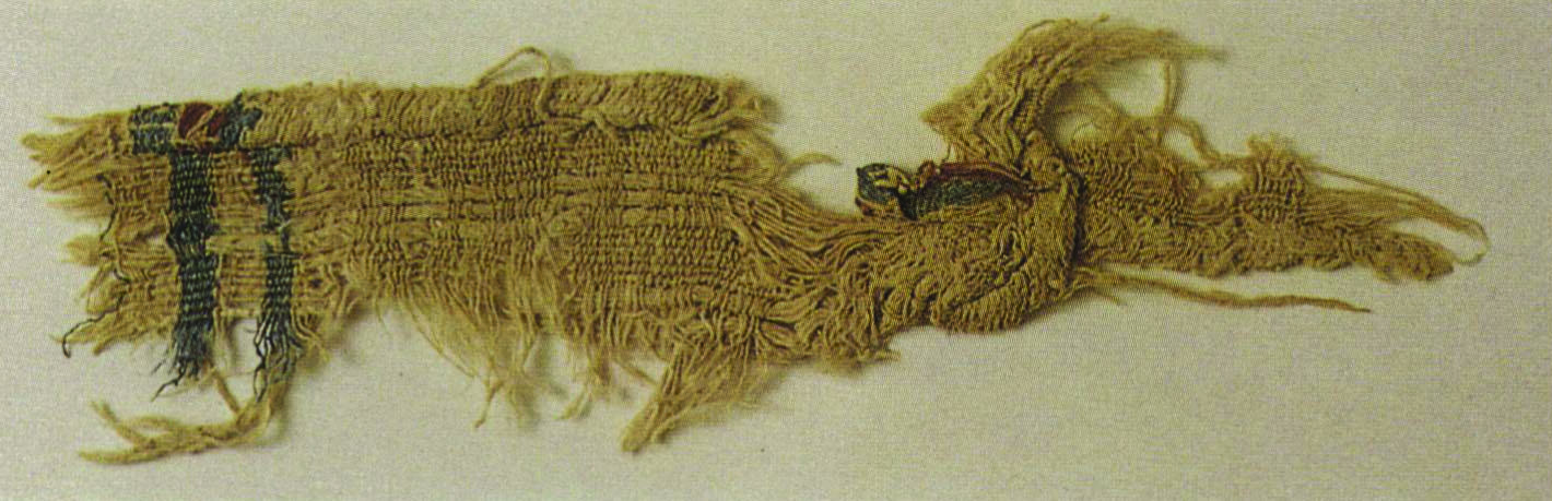 Woven linen fabric with two stripes in fragmentary state.