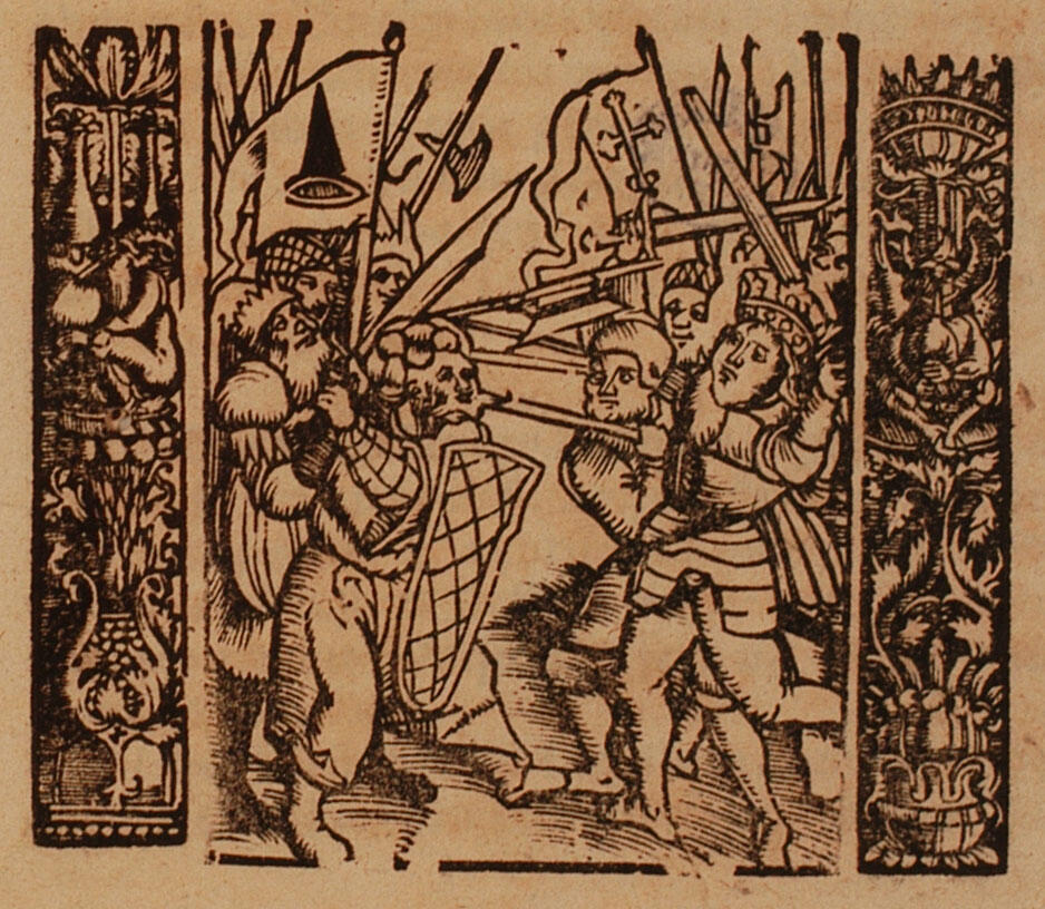 Woodcut print of two armies fighting with swords and shields. Woodcut print of two armies fighting with swords and shields.
