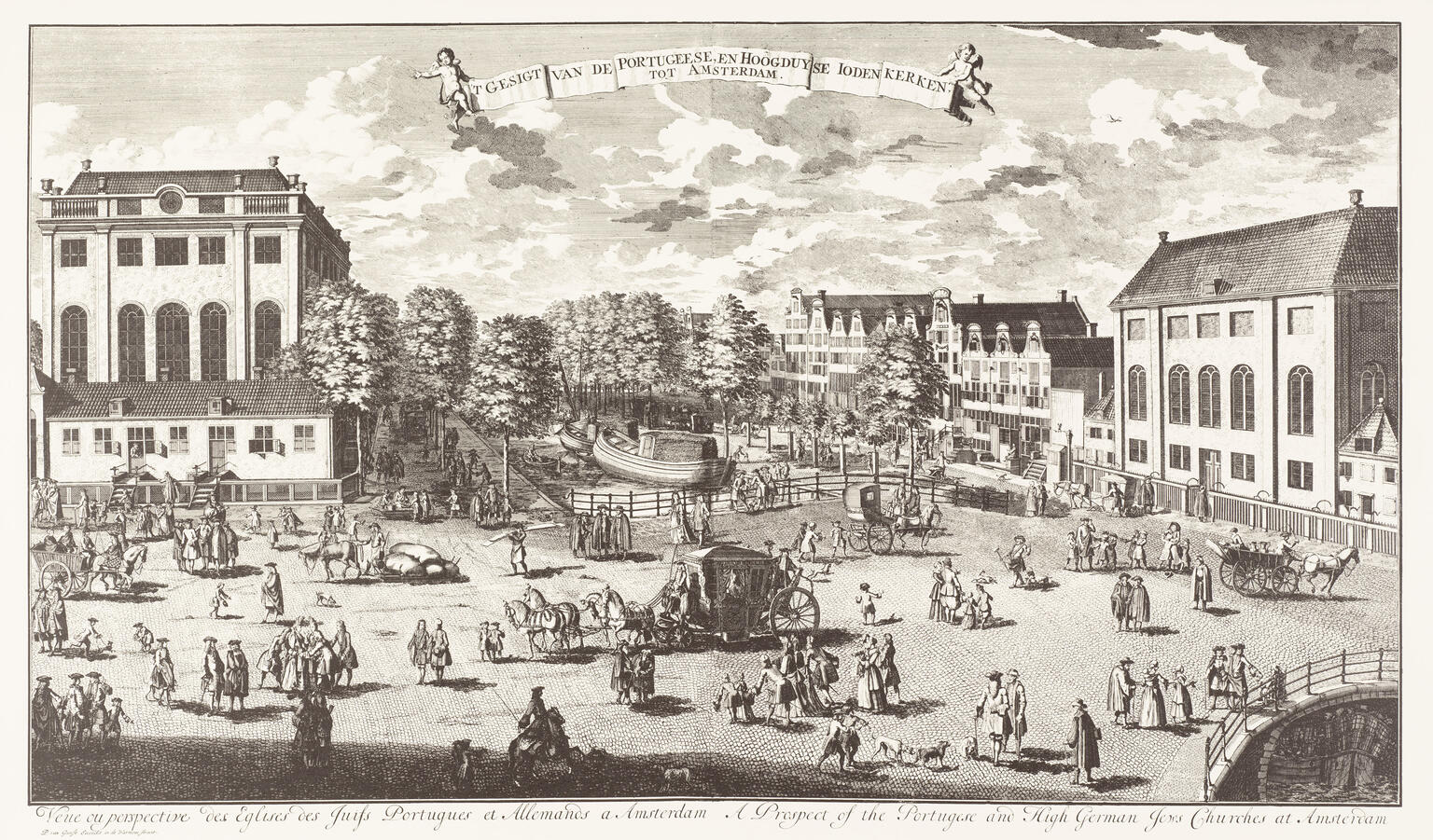 Print of city square with large buildings, river, trees, and many people, with Dutch title in ribbon above, and French and English text on bottom margin. 